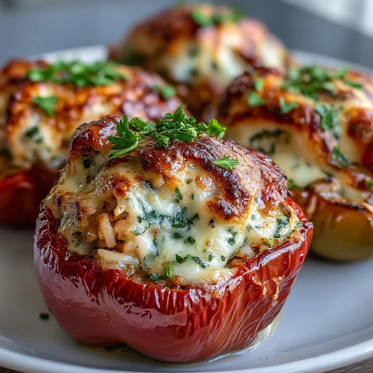Golden-baked Garlic Parmesan Chicken Stuffed Peppers in a dish, topped with bubbly mozzarella and fresh parsley garnish.