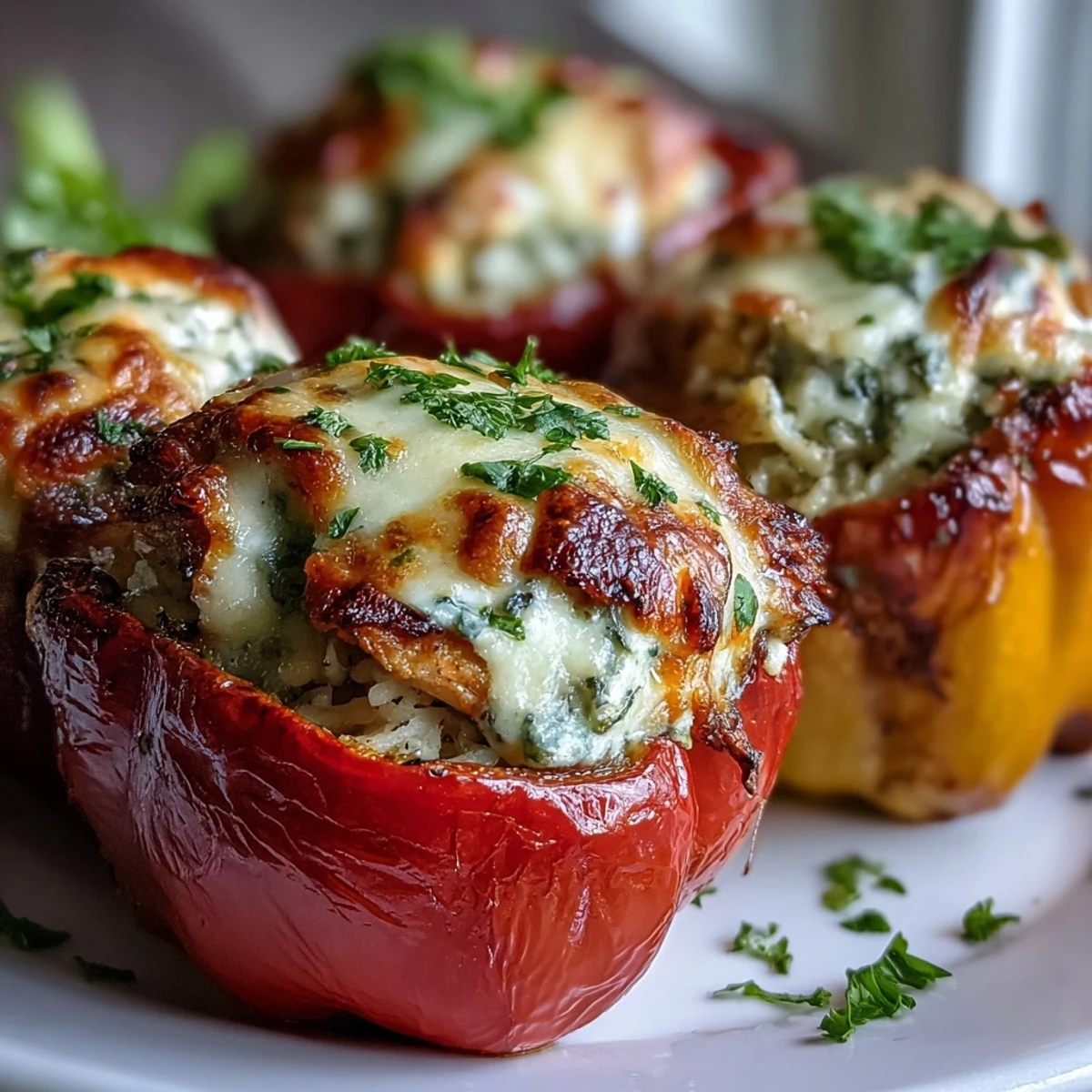 Close-up of Garlic Parmesan Chicken Stuffed Peppers with melted cheese, resting on a rustic wooden table.