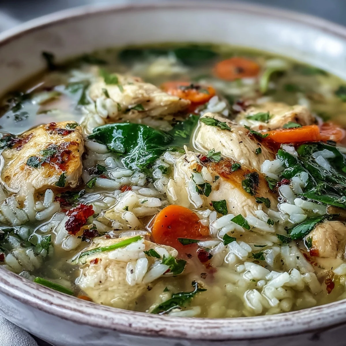 One-Pot Lemon Chicken Rice Soup with Veggies steaming beside lemon slices and parsley garnish.