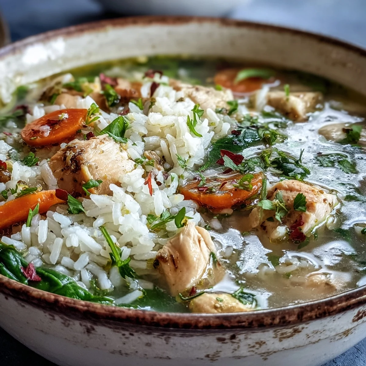 Comforting One-Pot Lemon Chicken Rice Soup with Veggies ladled over fluffy rice and vegetables.