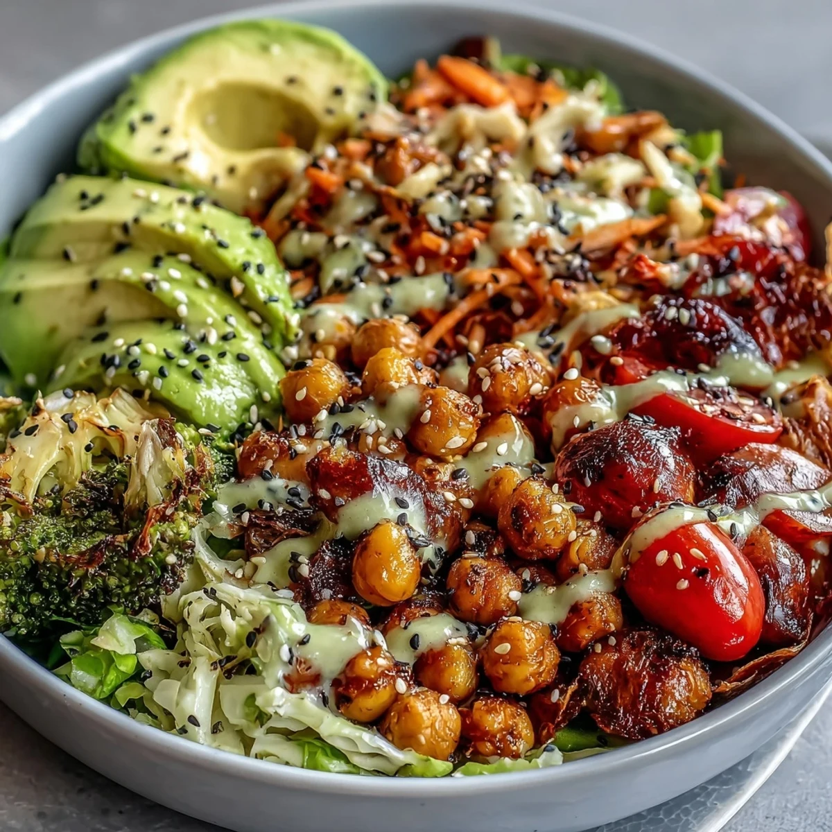 Freshly assembled Rainbow Veggie Buddha Bowl with Sesame Ginger Dressing on a white counter, featuring vibrant cabbage, avocado, and cherry tomatoes.