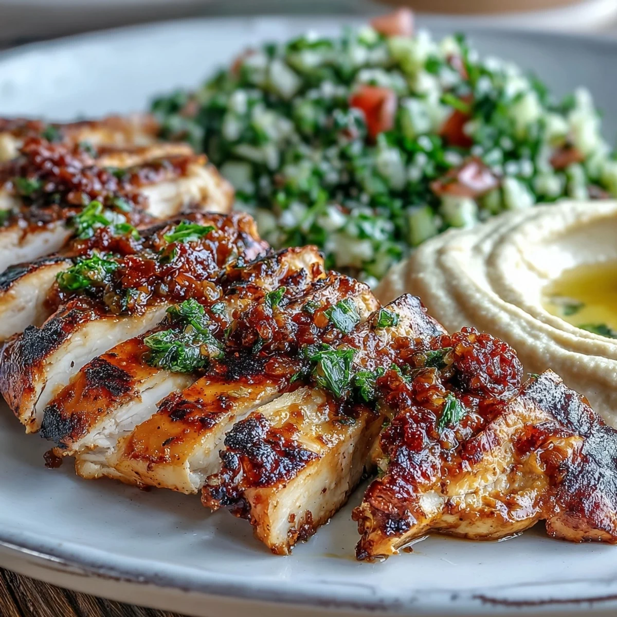 Sizzling Mediterranean Grilled Chicken rests beside a bowl of creamy hummus and a colorful tabbouleh salad.