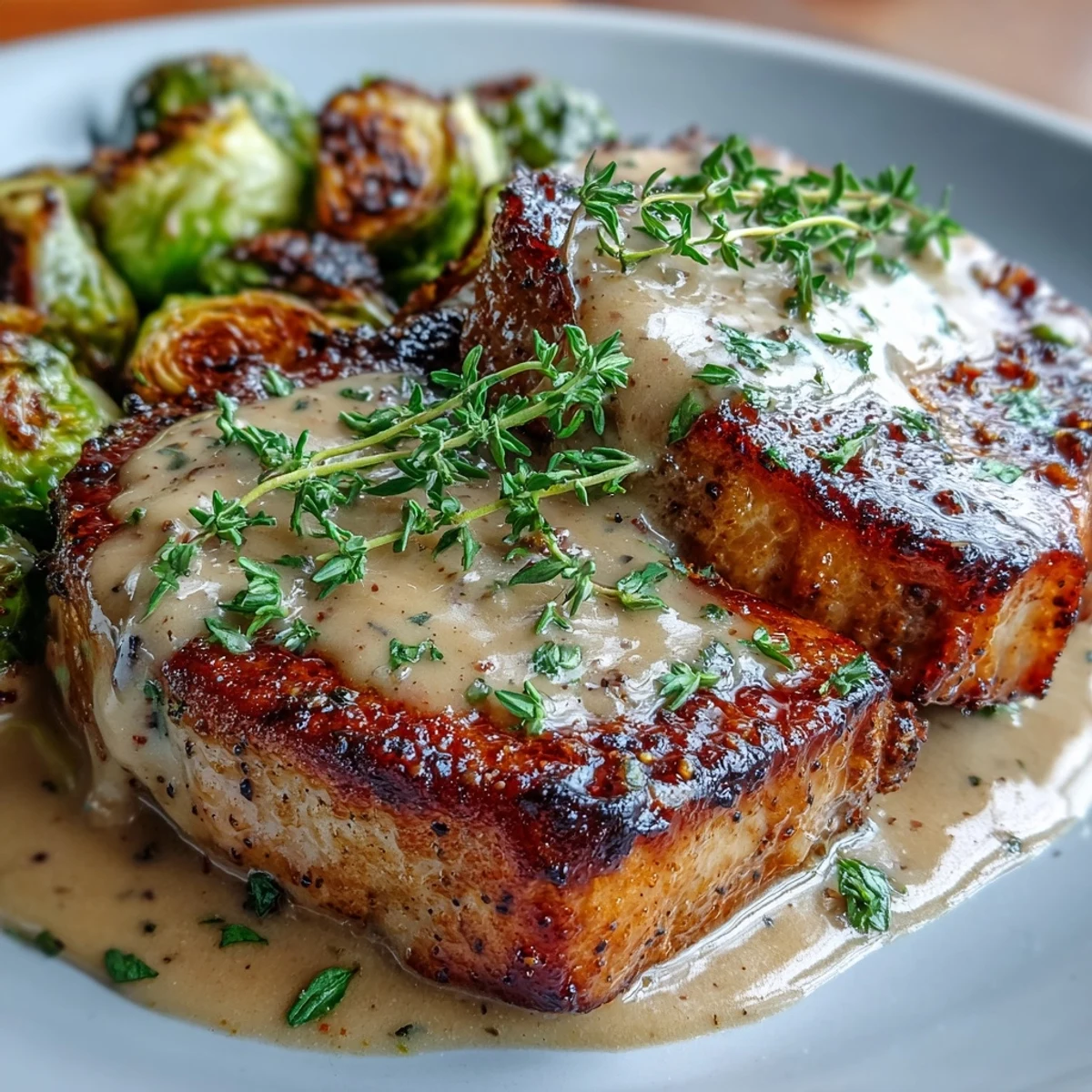 Four golden seared Keto Creamy Dijon Pork Chops smothered in rich sauce alongside oven roasted Brussels sprouts on a rustic plate.
