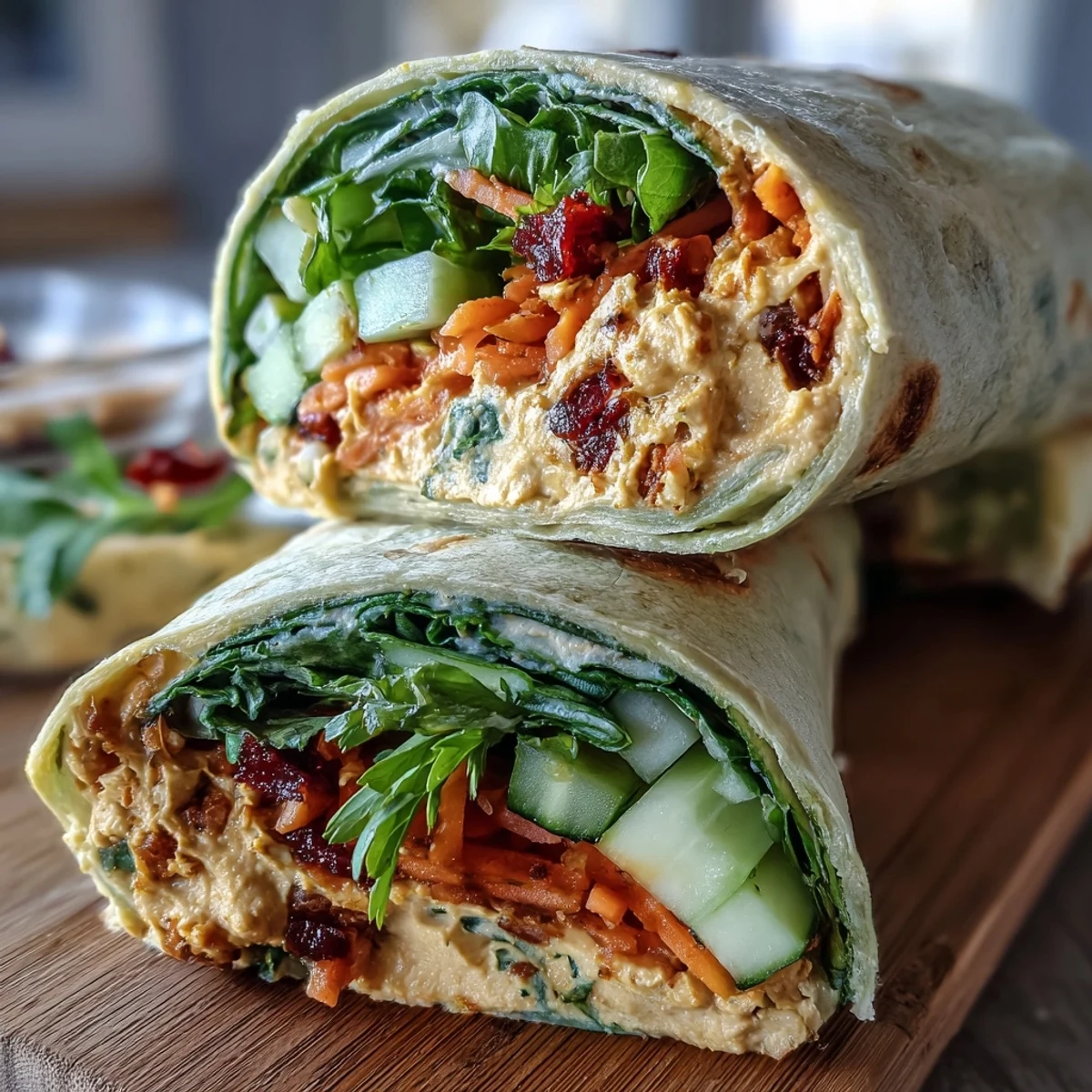 A close-up of a halved Vegan Sun-Dried Tomato Hummus Veggie Wrap revealing layers of creamy hummus, baby spinach, and julienned carrots on a whole wheat tortilla.