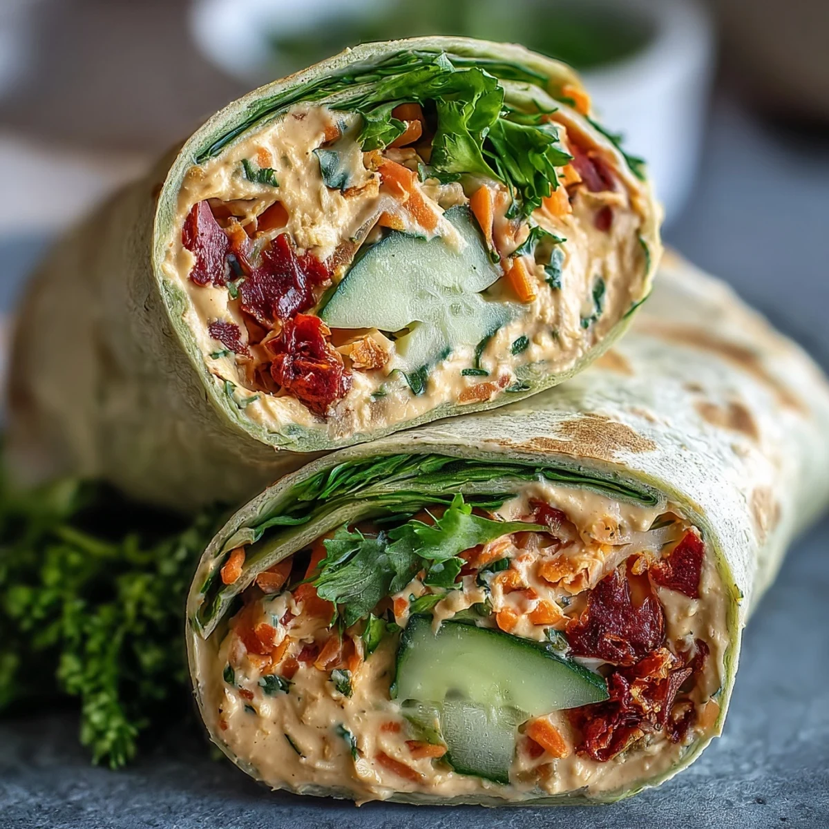Four vibrant Vegan Sun-Dried Tomato Hummus Veggie Wraps sliced on a wooden board, showcasing creamy red hummus, crisp spinach, and colorful carrots and peppers.