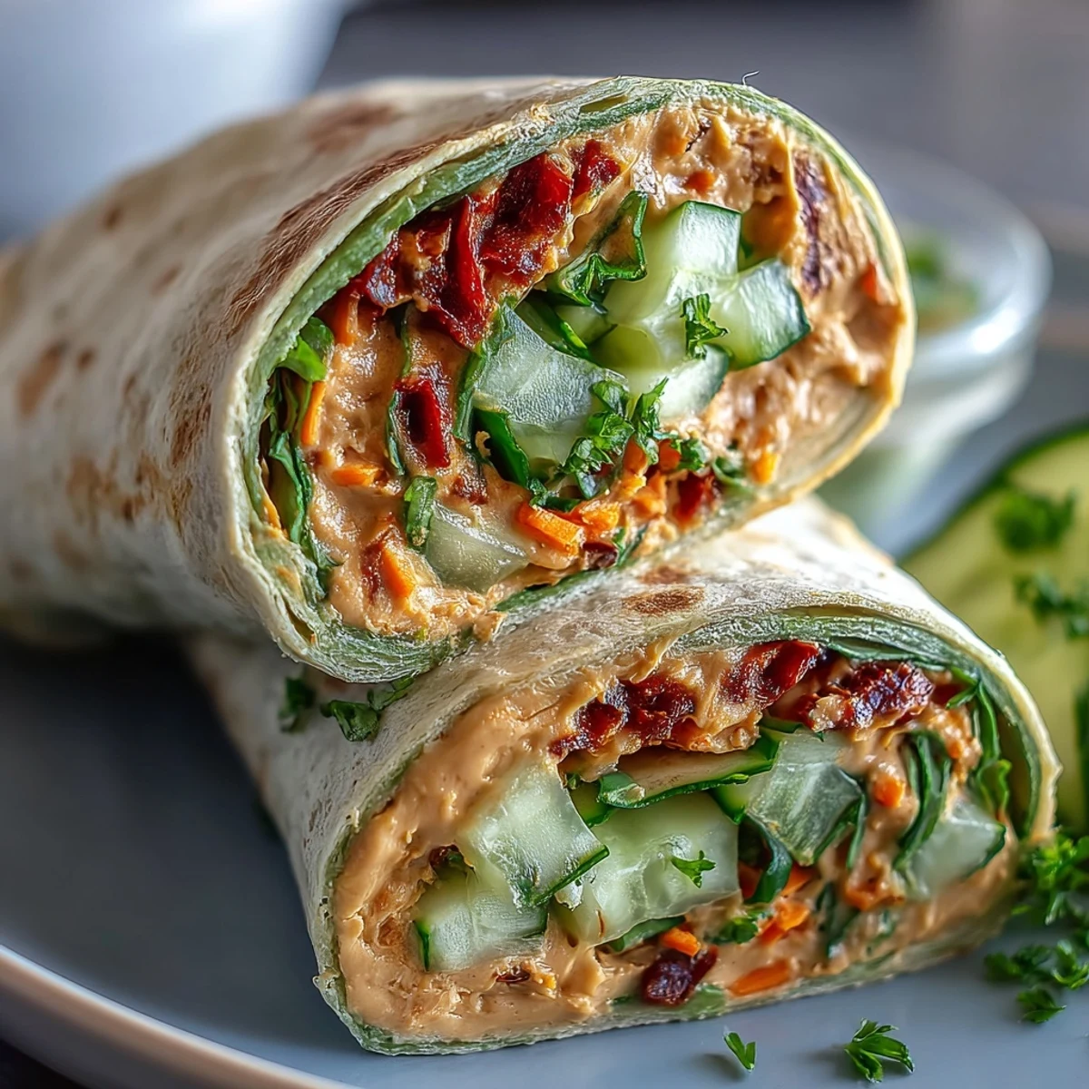A close-up of a halved Vegan Sun-Dried Tomato Hummus Veggie Wrap revealing layers of creamy hummus, baby spinach, and julienned carrots on a whole wheat tortilla.