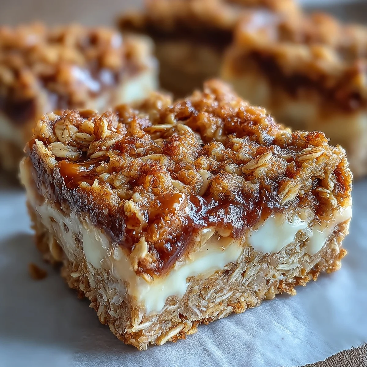 Freshly baked High-Protein Cinnamon Swirl Coffee Cake Oats in a glass dish, revealing a golden oat base and marbled cinnamon crumble topping.