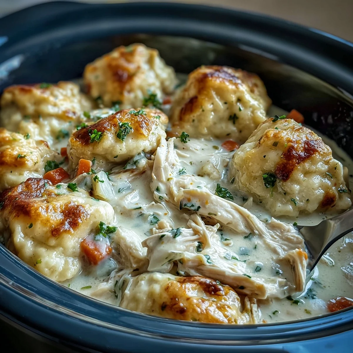 Creamy slow cooker ranch chicken stew with tender shredded chicken, carrots, and celery, topped with fluffy dumplings.