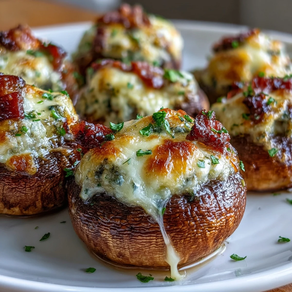 Low-carb stuffed mushrooms with savory bacon and melted cheese, perfect for keto appetizers or game day snacks.  