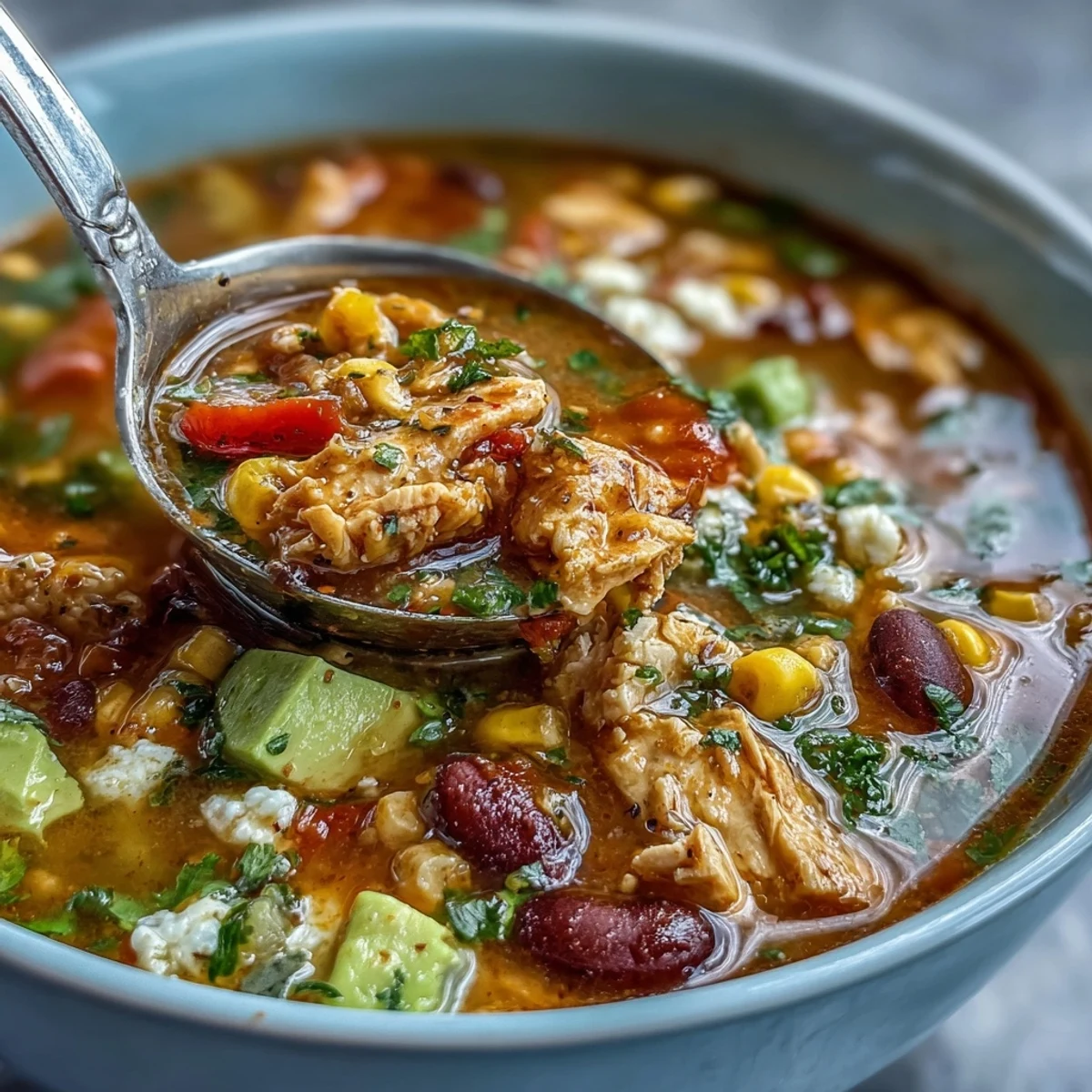 A steaming bowl of high-protein chicken taco soup filled with colorful veggie confetti and fresh cilantro.