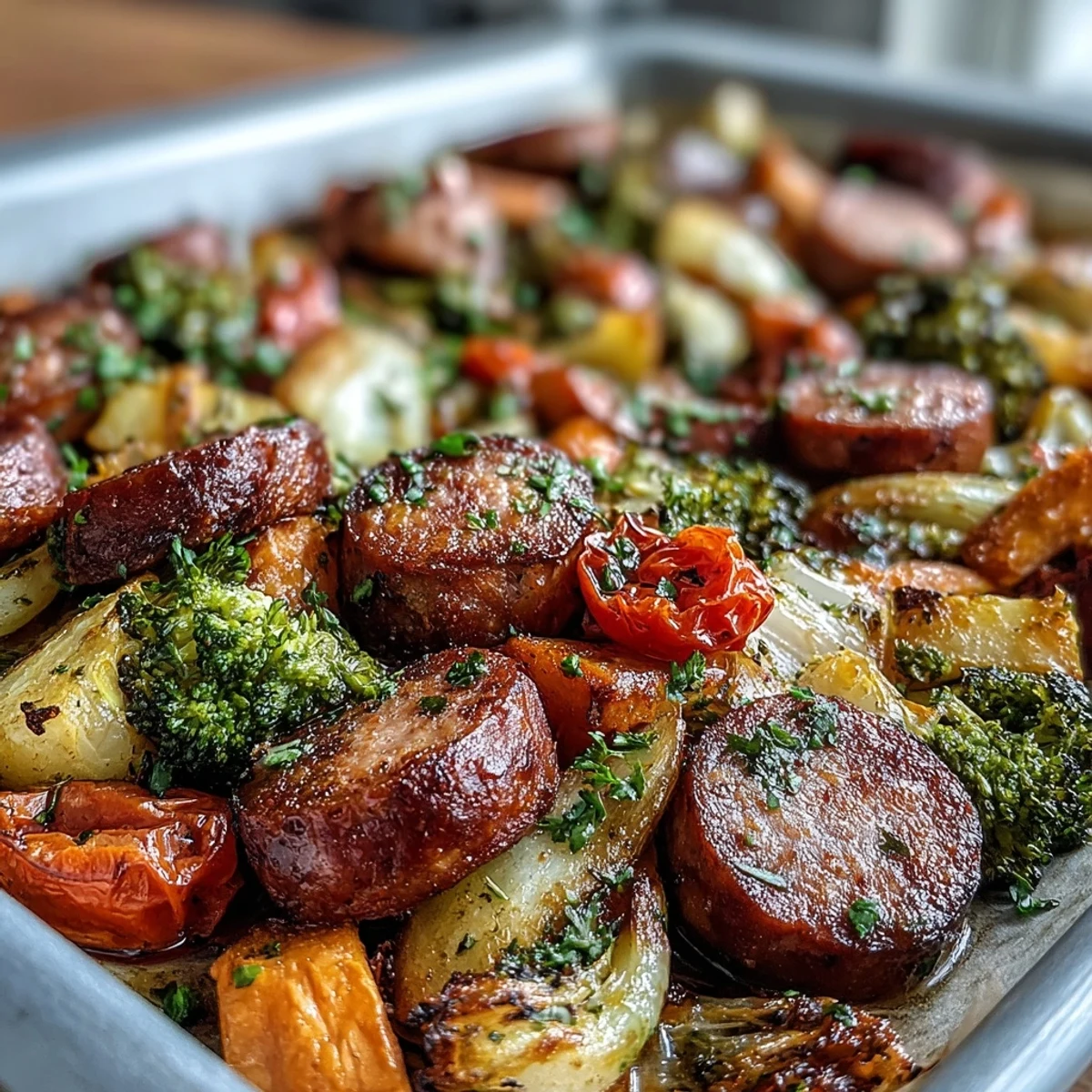 Healthy sheet pan dinner featuring caramelized vegetables and seasoned sausage, perfect for quick family meals.