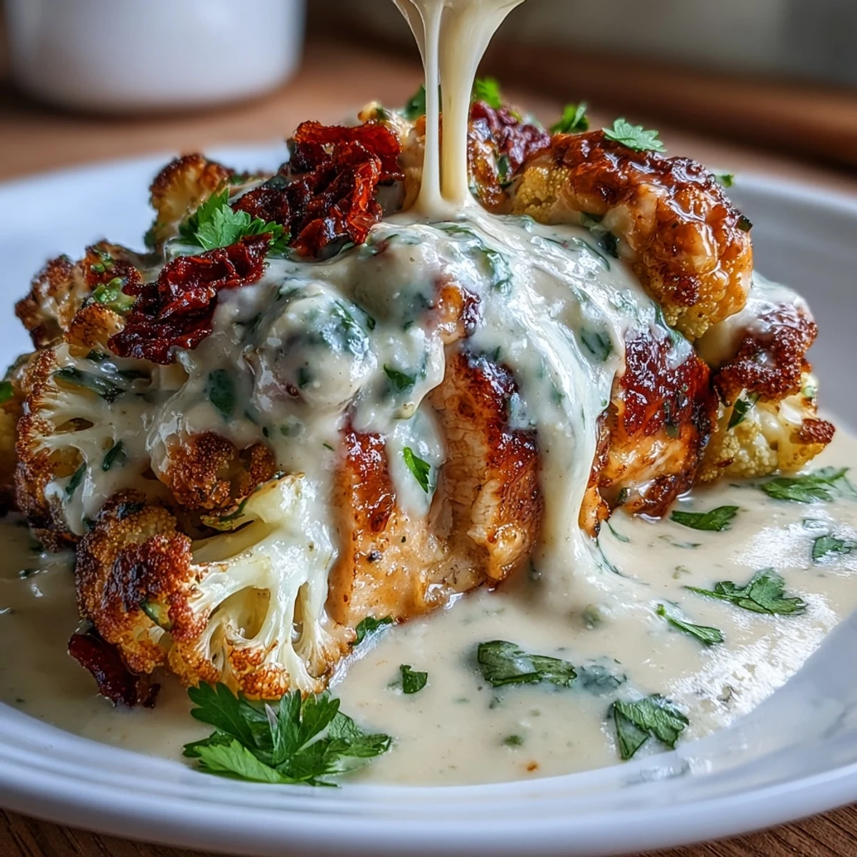 Savory Keto Creamy Poblano Chicken with Roasted Cauliflower - Juicy seared chicken simmers in a smoky, cheese-infused poblano cream sauce, paired with crispy roasted cauliflower florets.