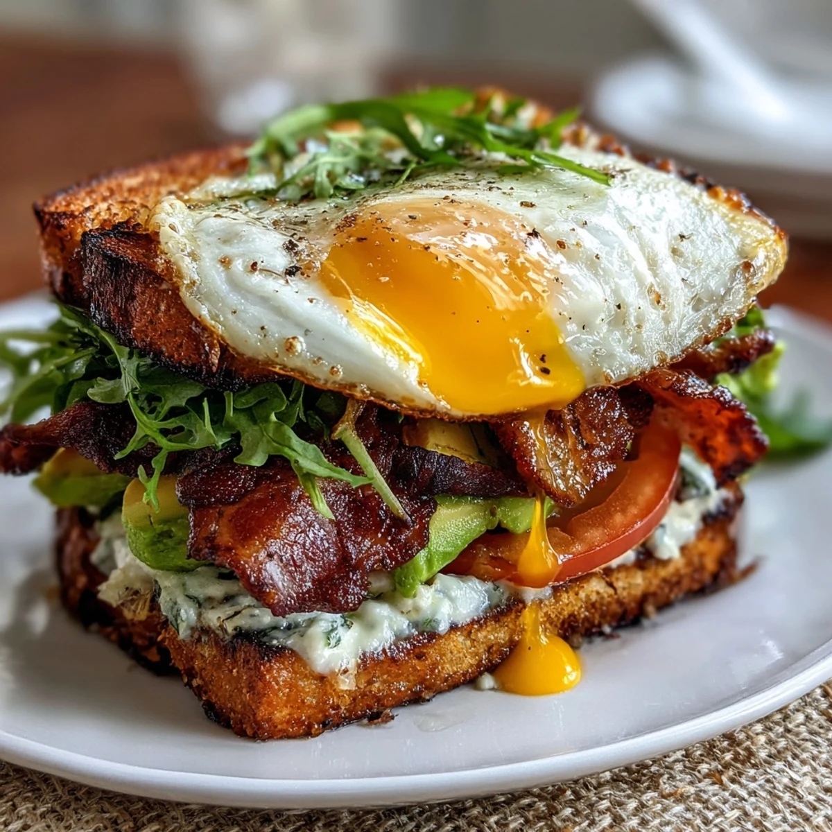 Hearty sourdough avocado BLT breakfast stack with runny egg, crispy bacon, and fresh greens on golden toast.
