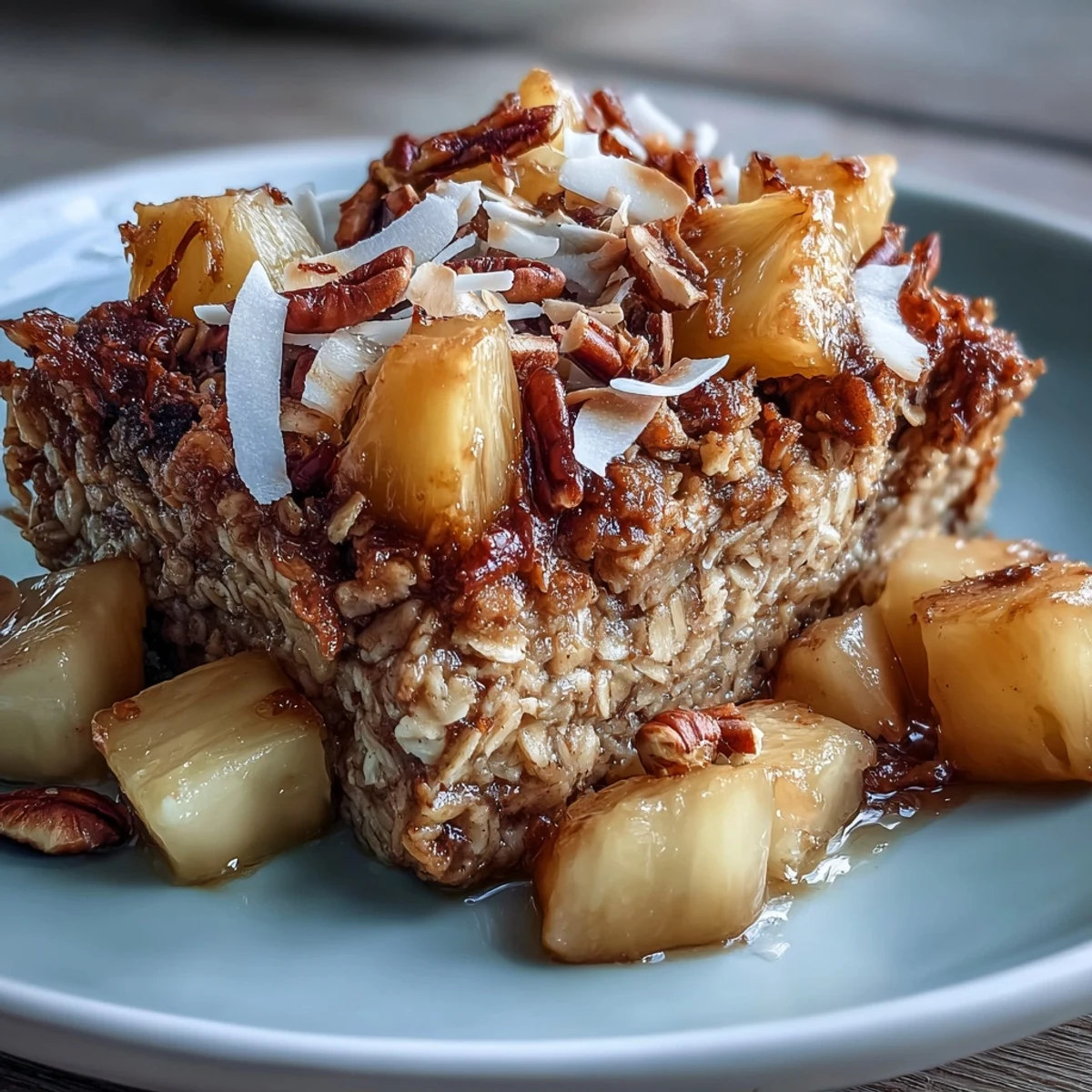 A golden baked oatmeal dish with juicy pineapple chunks and toasted coconut flakes, perfect for a tropical vegan breakfast.