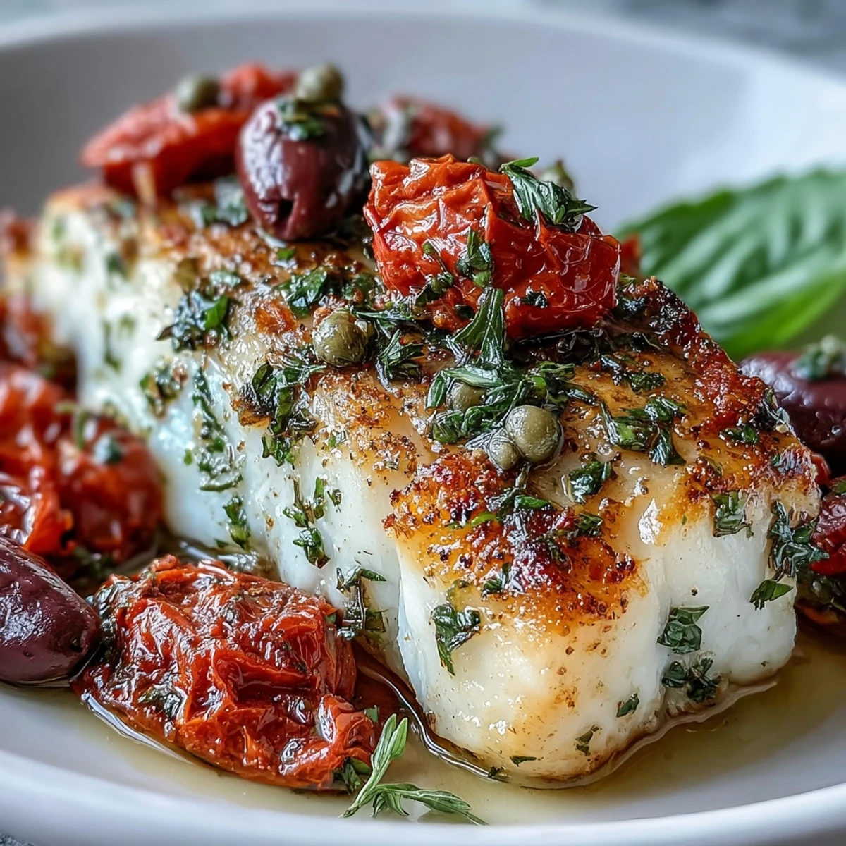 Flaky cod fillets topped with juicy cherry tomatoes, Kalamata olives, capers, and fragrant basil for a vibrant Mediterranean meal.
