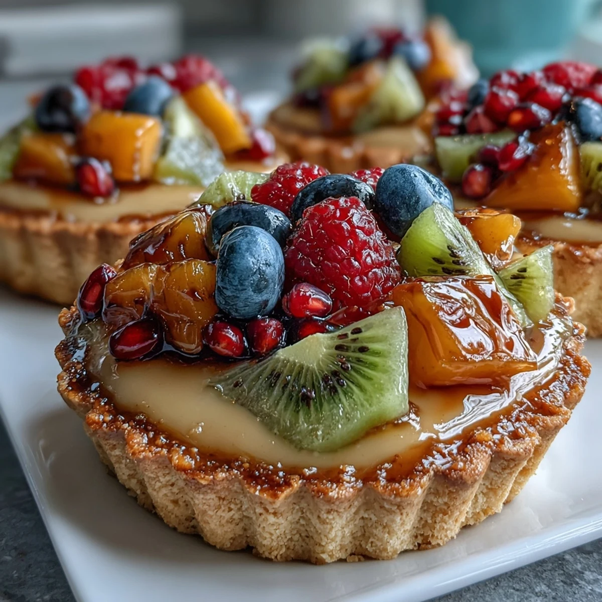 Silky cardamom custard tart with buttery crust and fresh fruit arranged in vibrant patterns.  