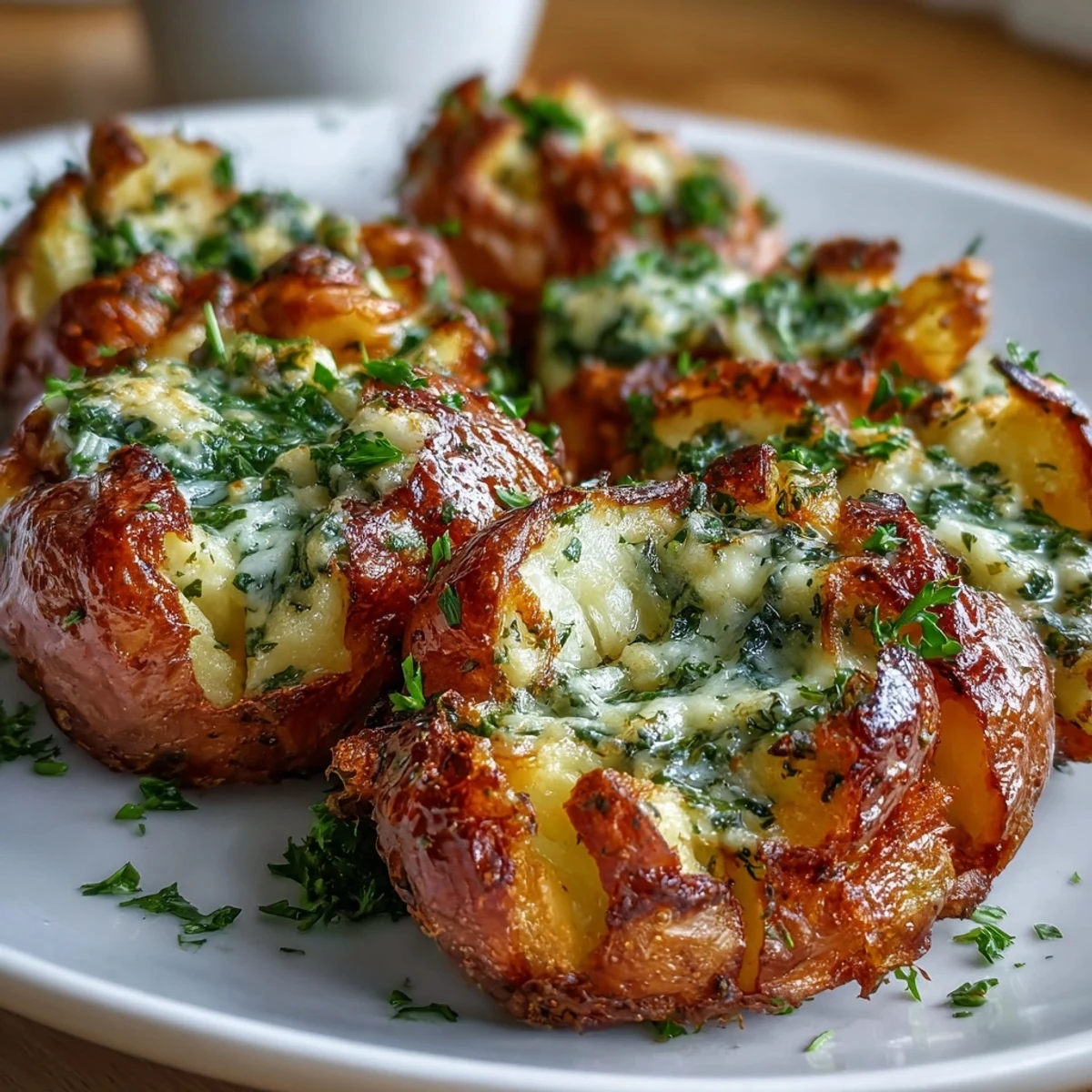 Crispy smashed potatoes with roasted garlic and fresh herbs, baked golden and drizzled with butter oil.  