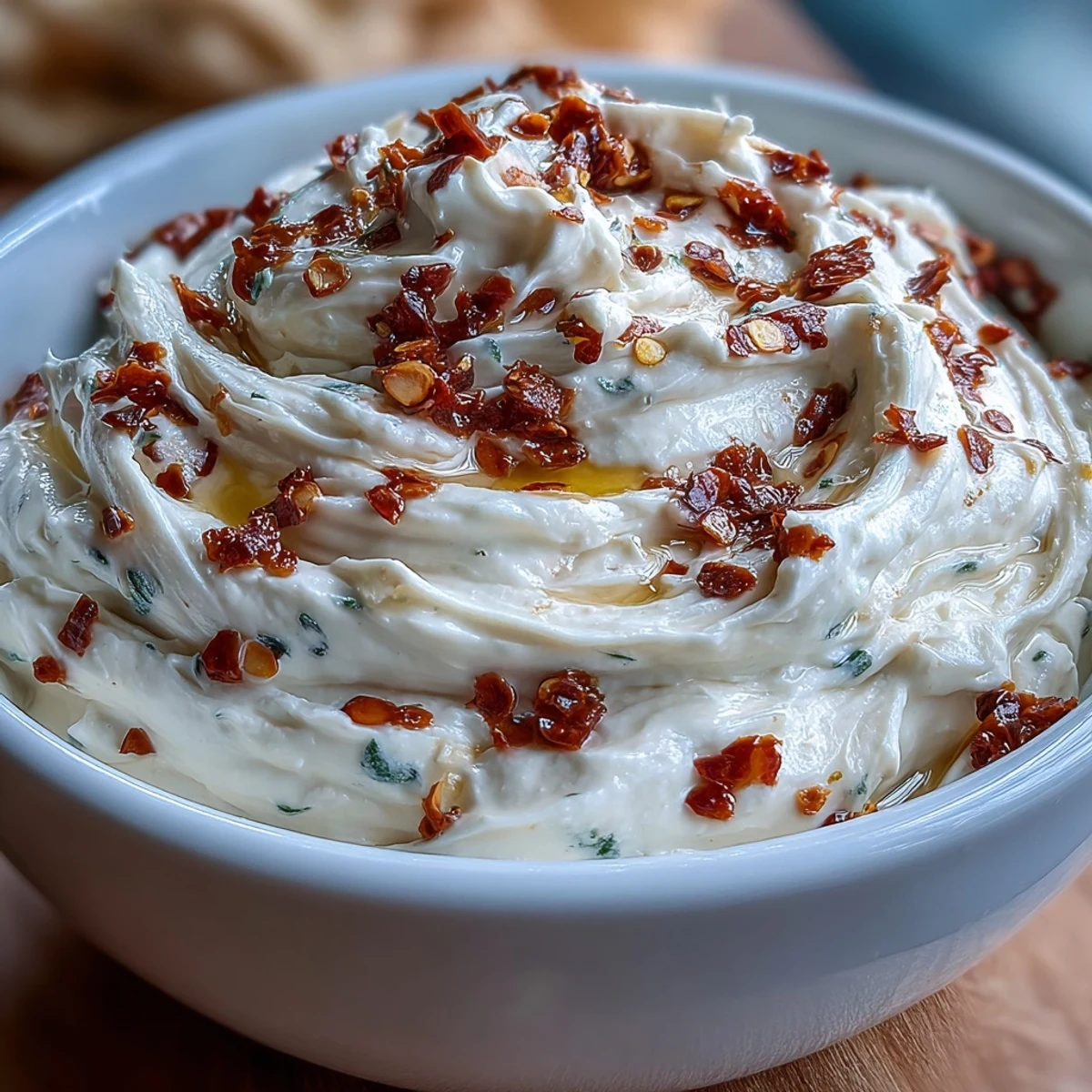 Spicy and rich Calabrian chili cream cheese served on toasted bread with a drizzle of olive oil.  