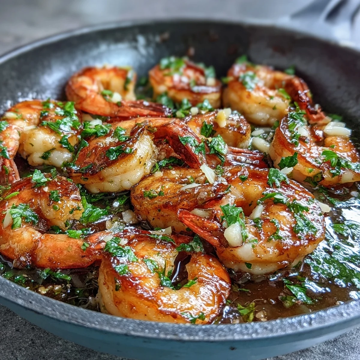 A sizzling skillet of garlic butter prawns, glistening with rich golden sauce and fresh parsley.  