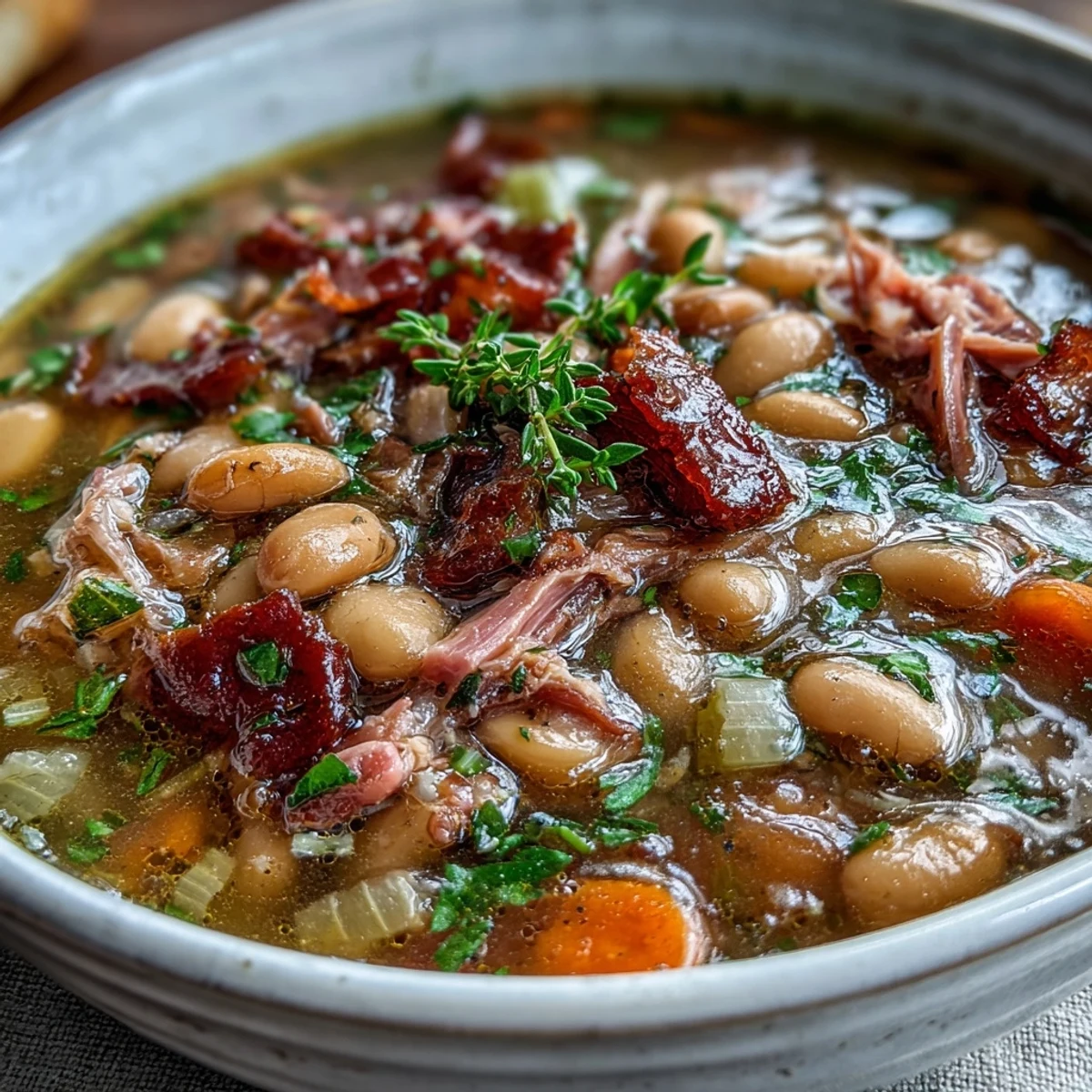 A rustic bowl of Ham and Navy Bean Soup with fresh thyme, showcasing tender beans, savory ham, and aromatic herbs in a rich broth.