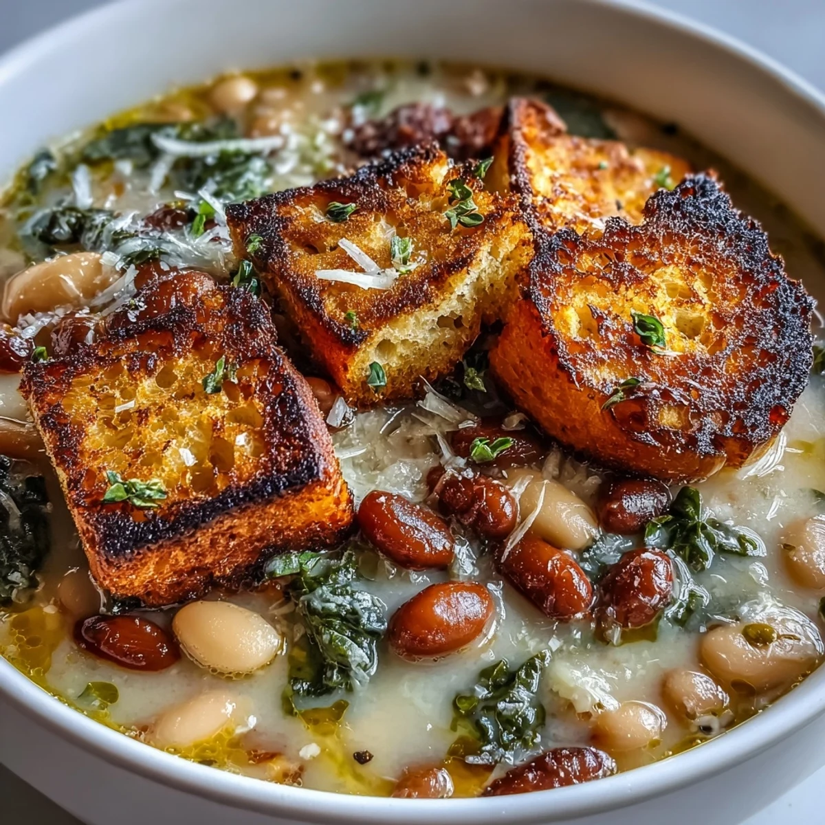 Warm bowl of ribollita soup featuring creamy white beans, seasonal vegetables, and crisp sourdough croutons, perfect for chilly evenings.