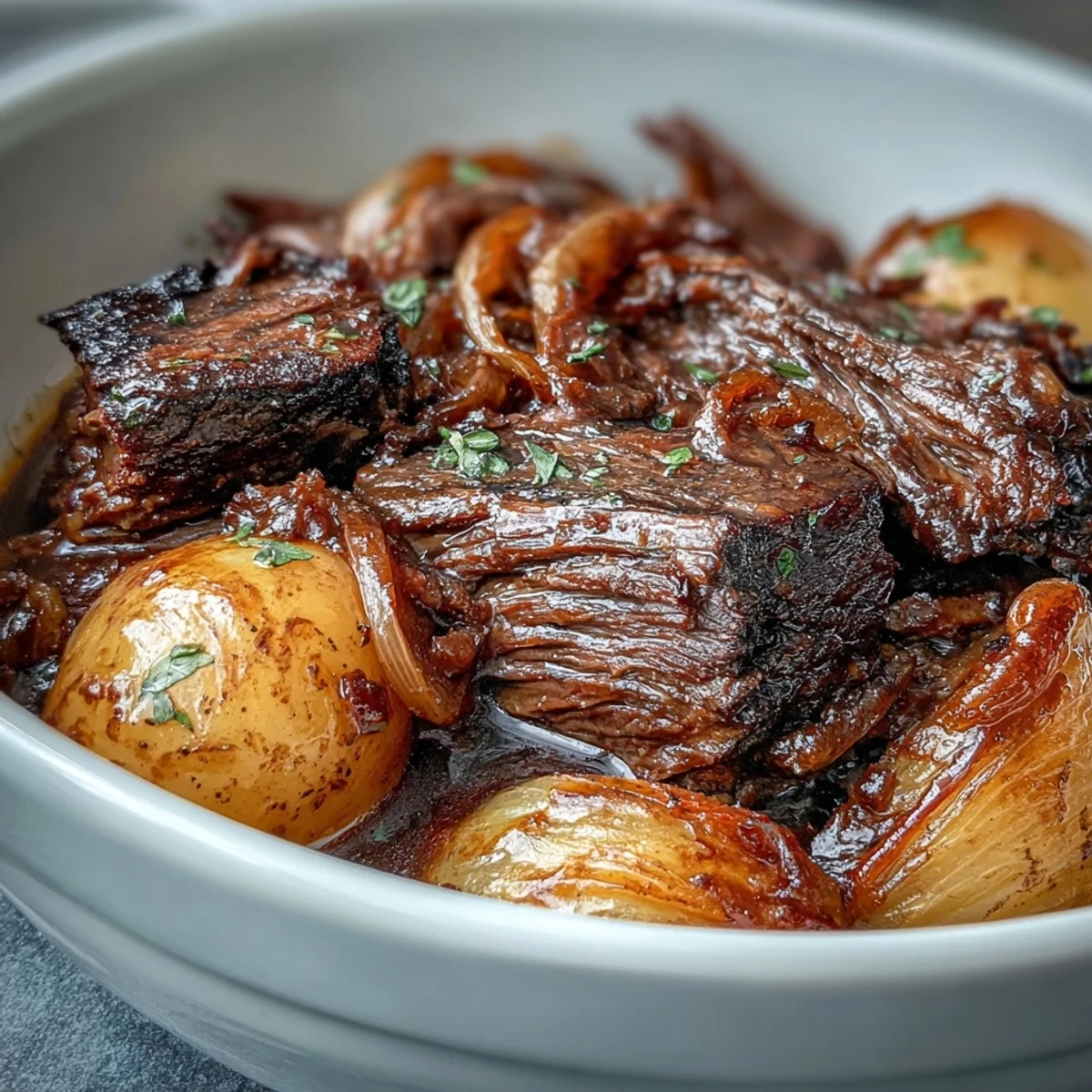 Slow cooker pot roast with onion soup mix, tender beef and hearty vegetables in a savory gravy.  