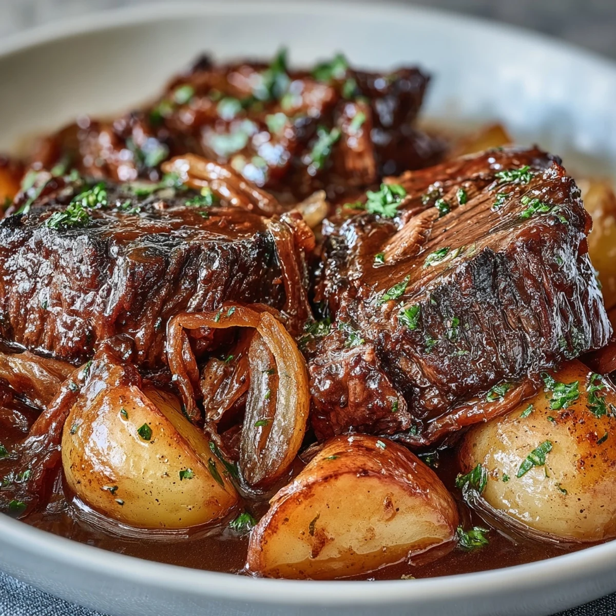 Savory onion soup mix pot roast recipe, juicy chuck roast with carrots and potatoes slow-cooked to perfection.  