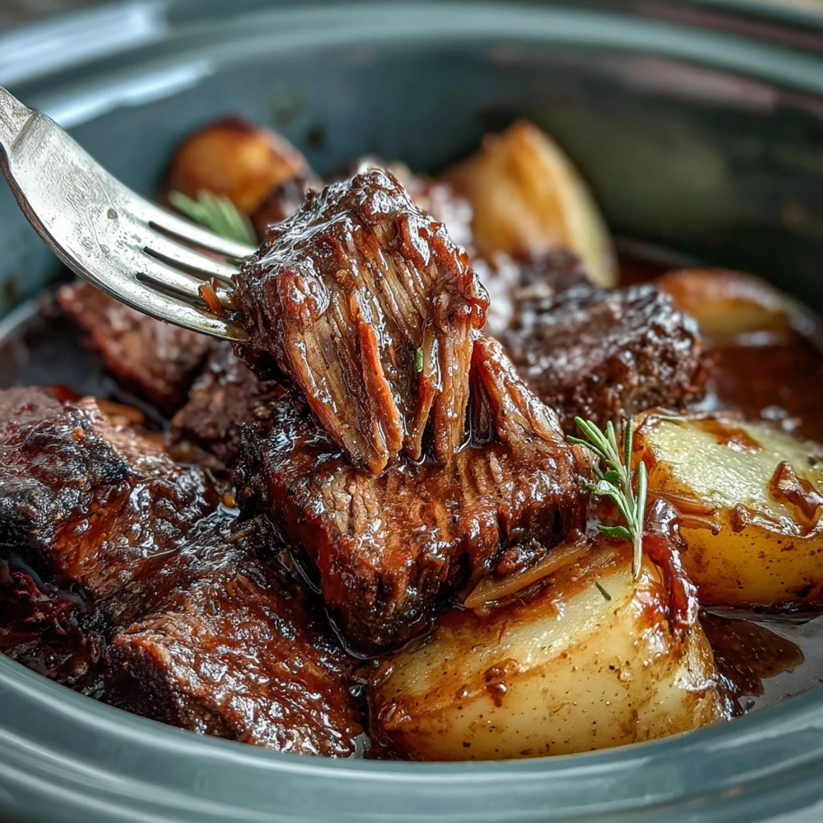 Comforting pot roast slow cooker recipe, rich onion gravy and tender vegetables make a hearty family dinner.