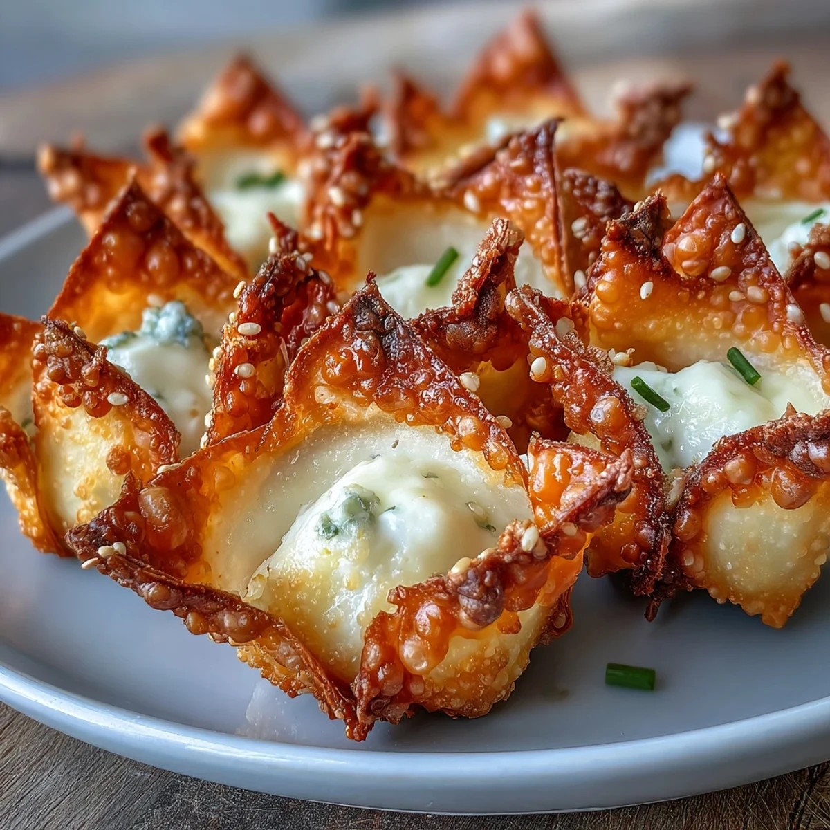 Golden-brown wontons with a luscious cream cheese center, garnished with fresh chives and ready for your appetizer spread.