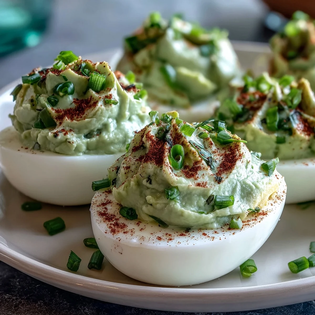 Vibrant green deviled eggs with avocado filling, perfect for a healthy and flavorful snack or brunch side.  