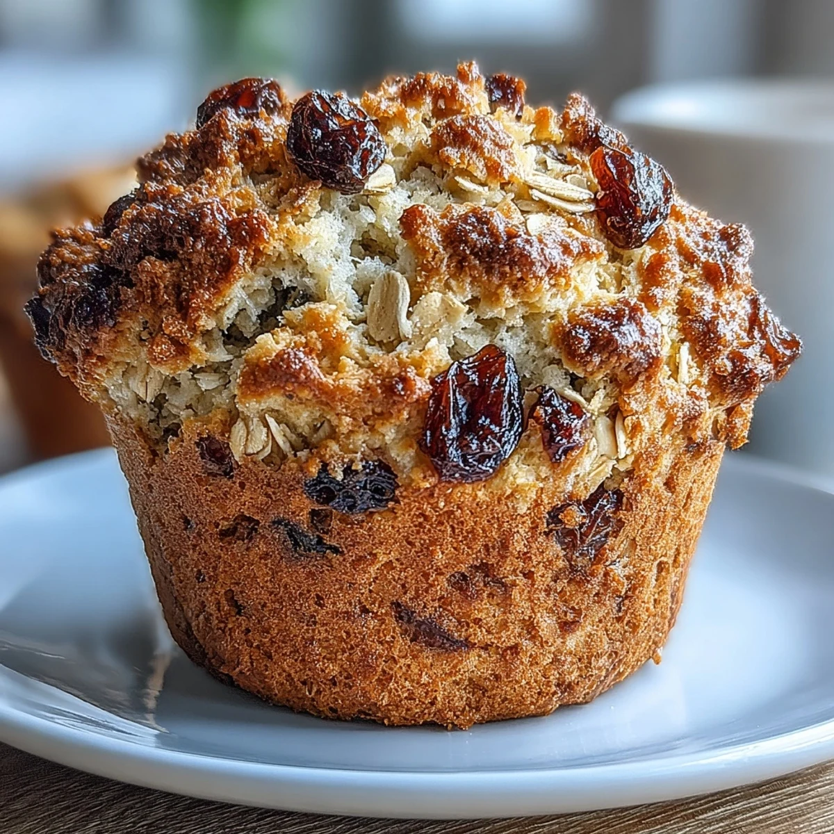 Irish soda bread muffins with raisins and oats, golden and fluffy, topped with crunchy oat garnish.