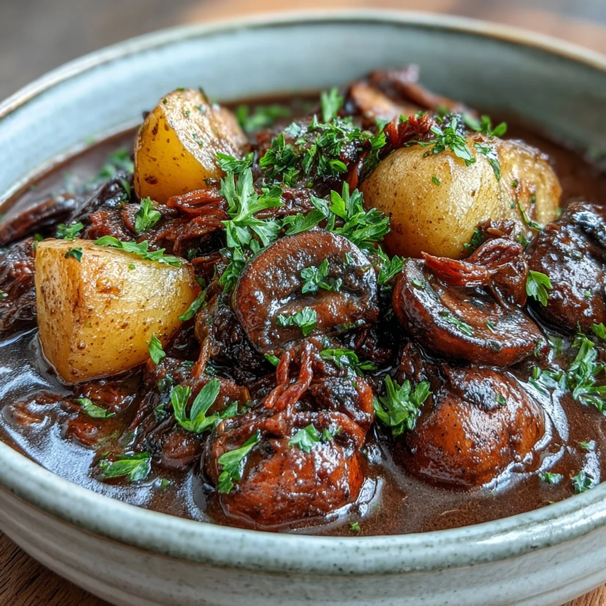 A rustic, plant-based Guinness-free Irish stew featuring mushrooms, carrots, parsnips, and potatoes simmered in aromatic herbs and broth.