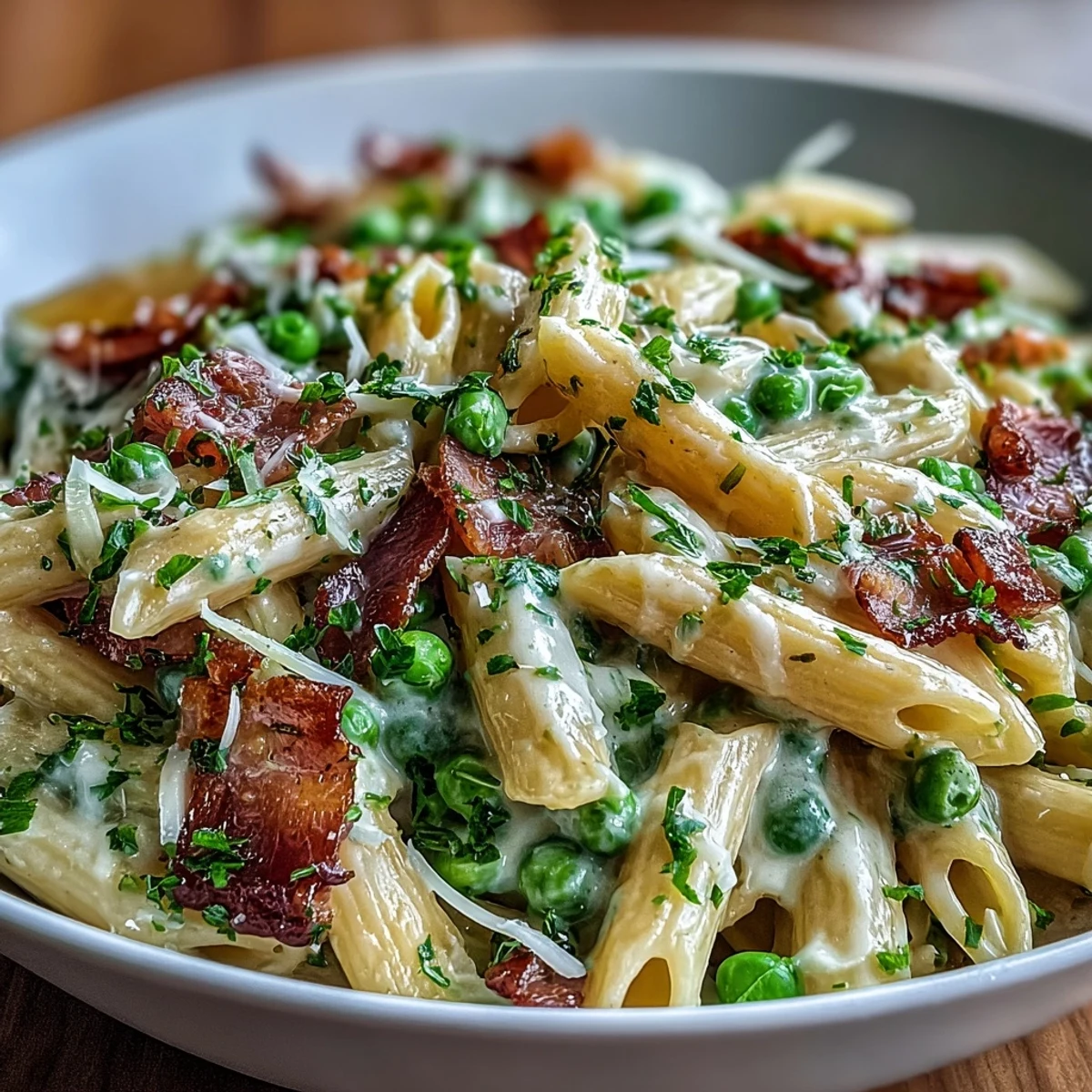 Savory ham, sweet leeks, and tender peas tossed with al dente pasta in a silky cream sauce, ideal for a quick and satisfying meal.