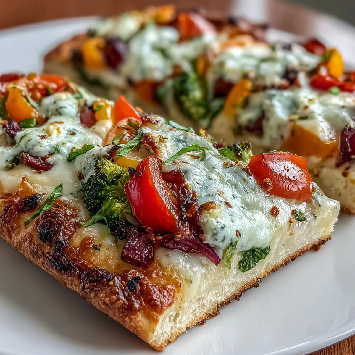 A vibrant St. Patrick's Day Rainbow Veggie Flatbread Pizza bursting with colorful vegetables in a festive, healthy arrangement.