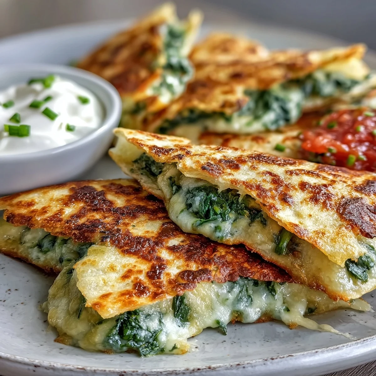 Golden-brown shamrock quesadillas with vibrant spinach and sharp cheddar, served with sour cream and salsa for dipping.