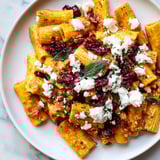 A close-up of a warm Cranberry-Sage Feta Pasta Bake, perfect for a comforting vegetarian dinner.
