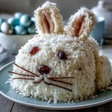 A charming Easter Bunny Cake with coconut frosting, shaped like a bunny with marshmallow cheeks and candy eyes, perfect for festive spring gatherings.