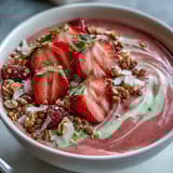 Strawberry Matcha Latte Smoothie Bowl with vibrant pink smoothie base, topped with fresh strawberries, crunchy granola, and a sprinkle of matcha powder for a nourishing breakfast treat.