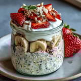 Nutritious strawberry banana overnight oats layered with Greek yogurt and chia seeds, perfect for busy mornings.  