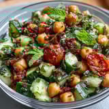 Healthy Easy Cucumber Chickpea Salad with Lemon Vinaigrette in a white bowl, garnished with fresh herbs, served with lemon wedges.