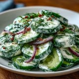 A refreshing bowl of Creamy Cucumber Dill Salad featuring fresh dill and red onions, ideal for light meals.