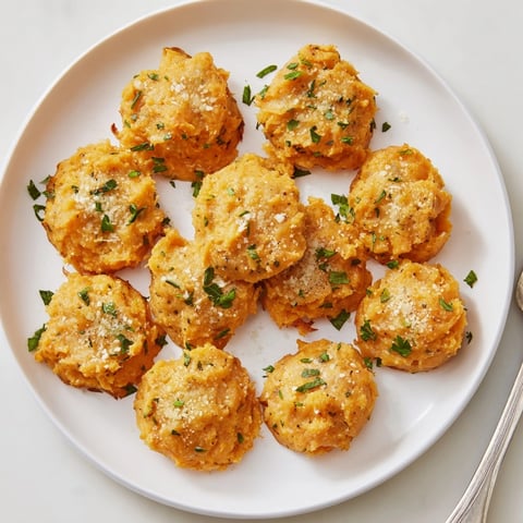 Golden Garlic Parmesan Sweet Potato Puffs fresh from the oven, sprinkled with parsley.