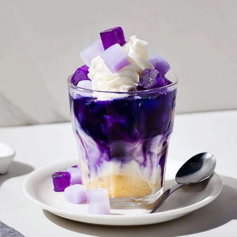 Vibrant ube milk jelly trifles layered with creamy textures and sweet sponge cake.  