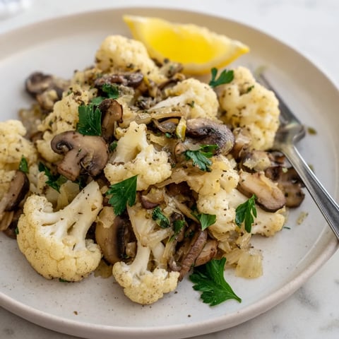 Sautéed garlic cauliflower mushroom skillet with fresh herbs, perfect for a light dinner.  