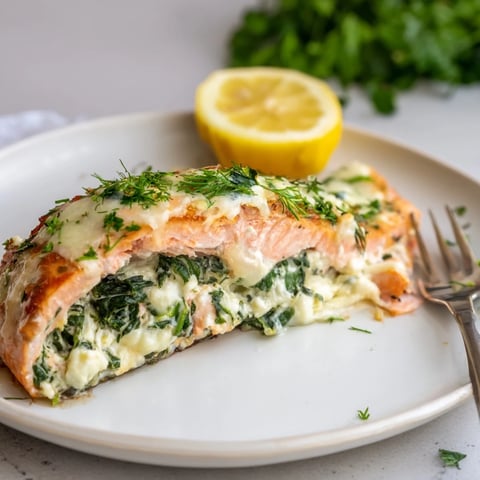 Succulent Easy Spinach Stuffed Salmon fillets topped with fresh herbs and lemon wedges.  