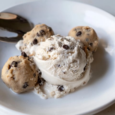 Creamy cottage cheese ice cream swirled with tasty cookie dough bites.  