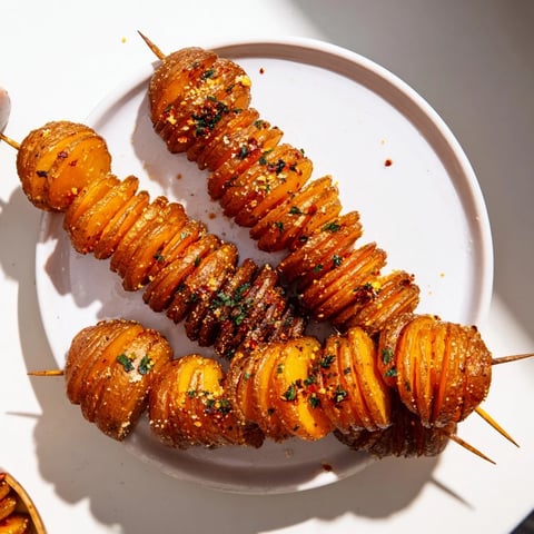 Crispy air-fryer tornado potatoes skewered and seasoned for a delicious snack.  