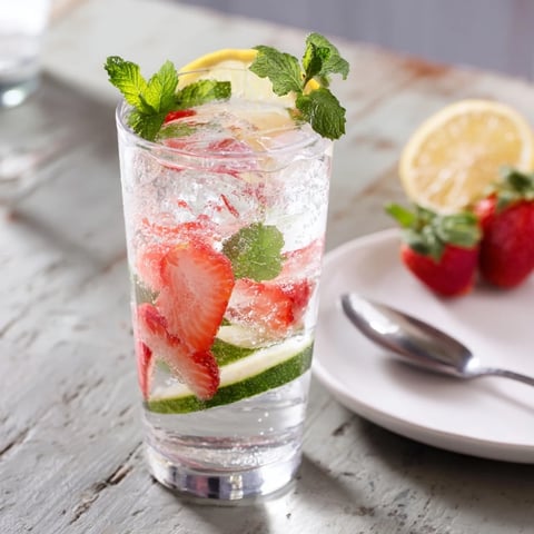 Cold, refreshing water-based mocktails with fresh fruit and herb garnishes.  