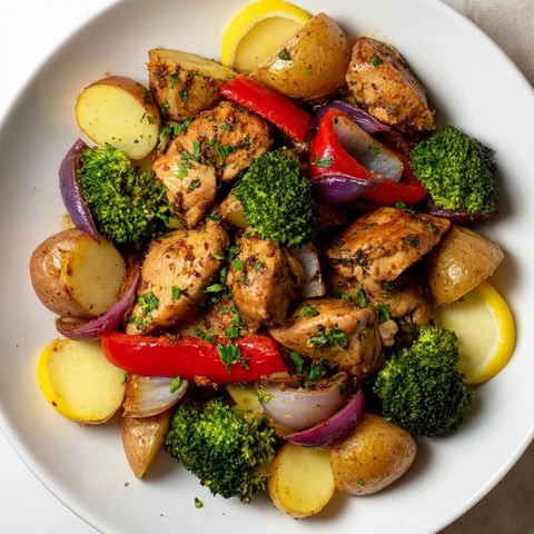 Juicy Lazy Gourmet Chicken & Vegetable One-Pot with vibrant colors and rich flavors.