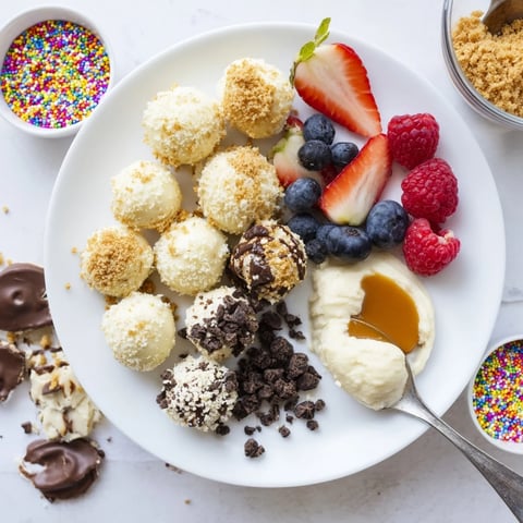 A delicious deconstructed dessert board showcases creamy cheesecake bites with colorful toppings.  